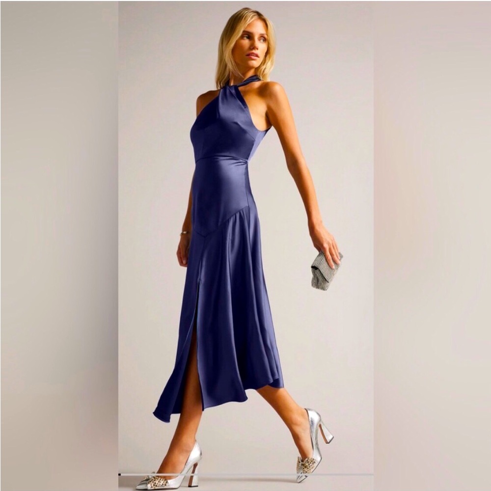NWT- Ted Baker London - RENON Twist Neck Navy Midi dress. Size 3 (US 8)